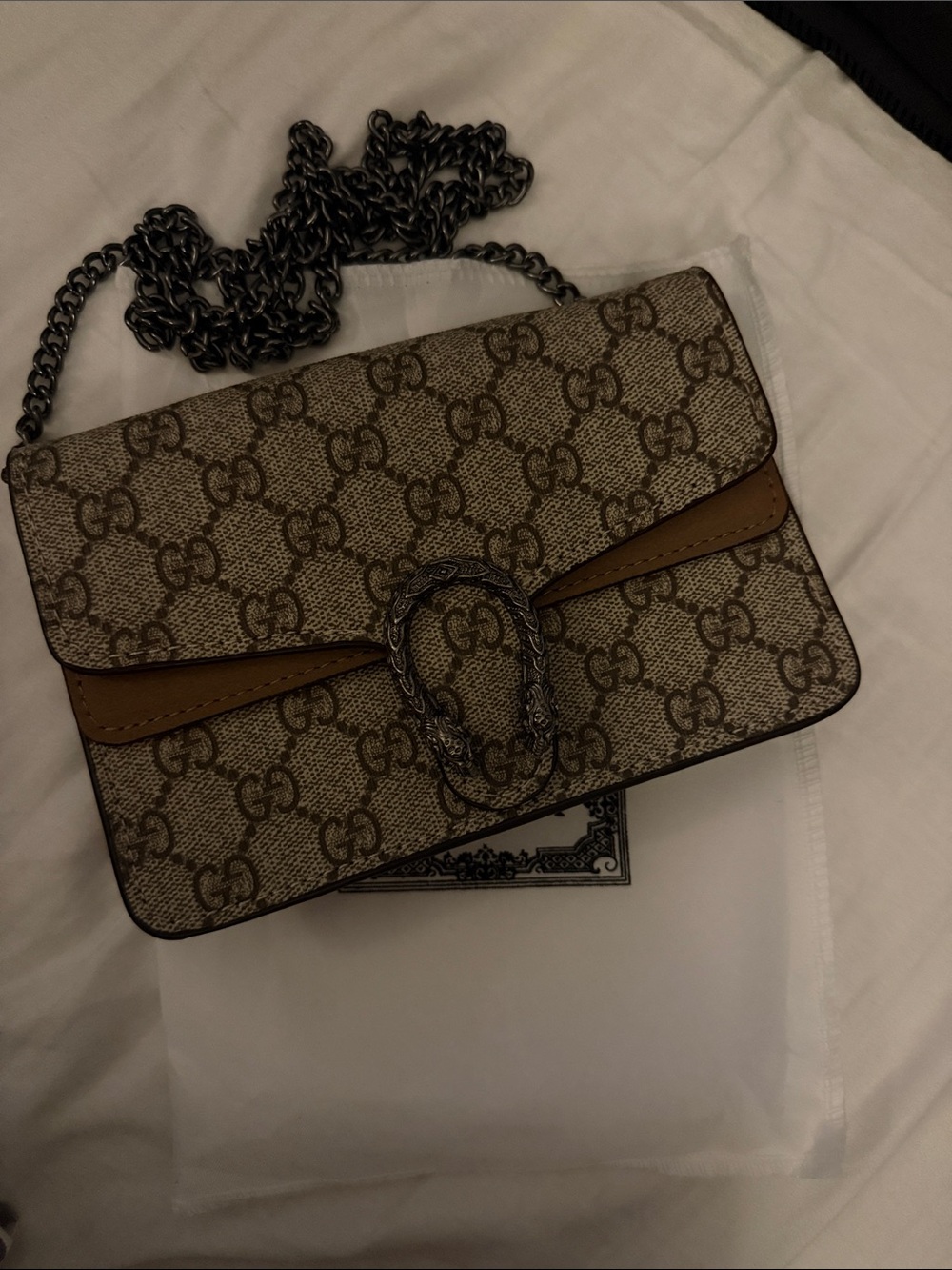 Beige/Brown Monogram Crossbody Bag with Silver-Tone Chain